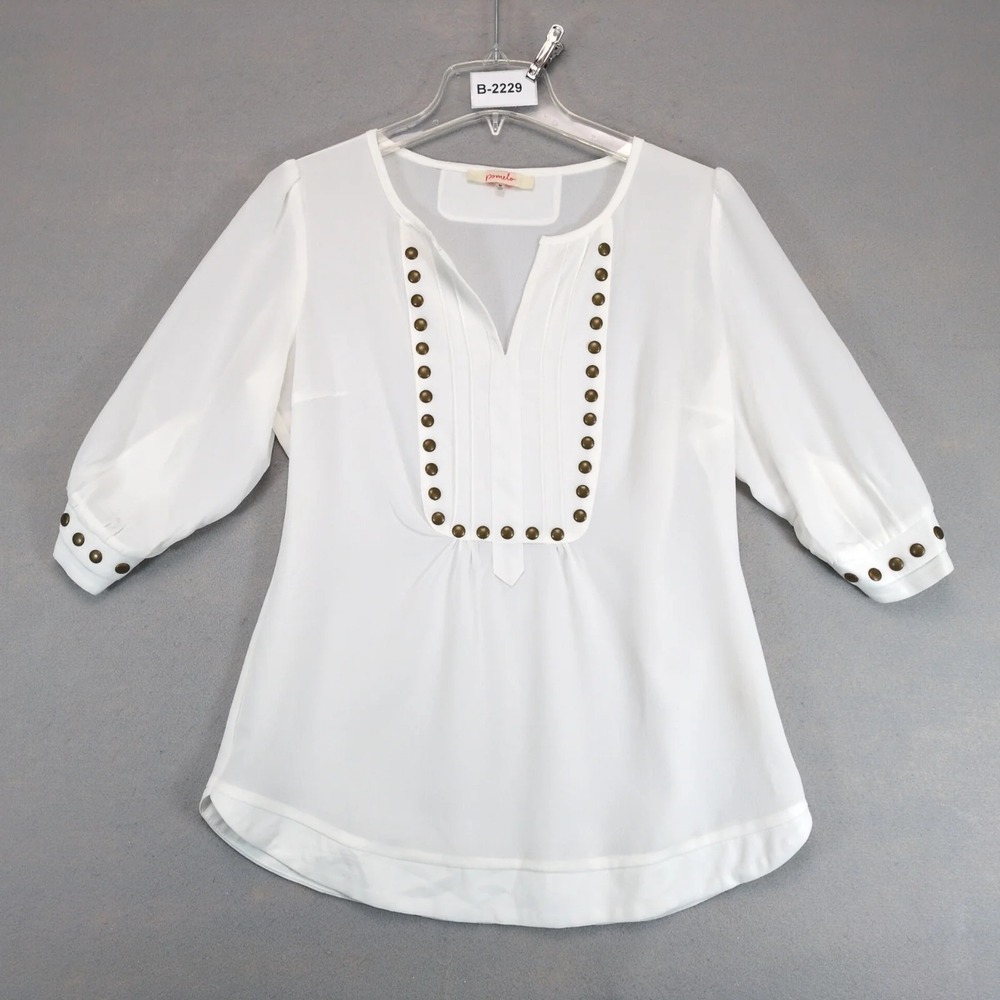 Pomelo White Brass Studded Sheer Blouse Womens M 3/4 Sleeve Edgy Chic Resort